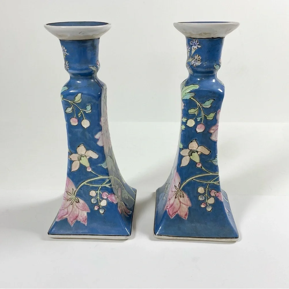 Vintage Chinoiserie Blue and White Floral Japan Ceramic Candlesticks Set of 2